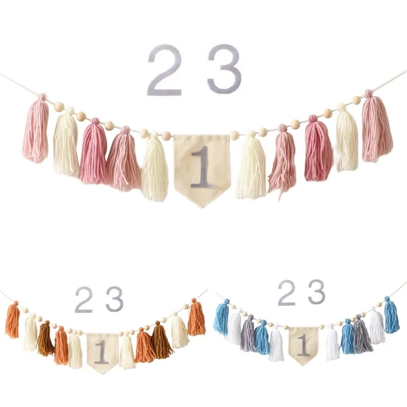 Letโs Make Baby Happy Birthday Party 1-3 Years Old Tassel Banner Newborn Milestone Photography Props For Kids Party Decoration