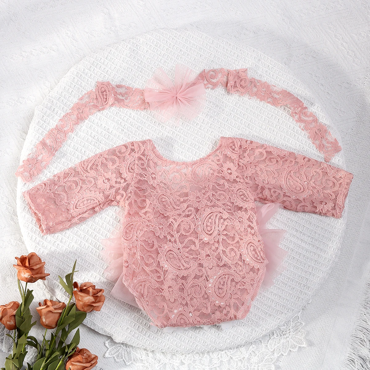 Alternative view of Ylsteed 2 Pieces Set Dusty Pink Newborn Lace Romper for Photo Shooting Fluffy Mesh Lace Photography Outfits with Headband