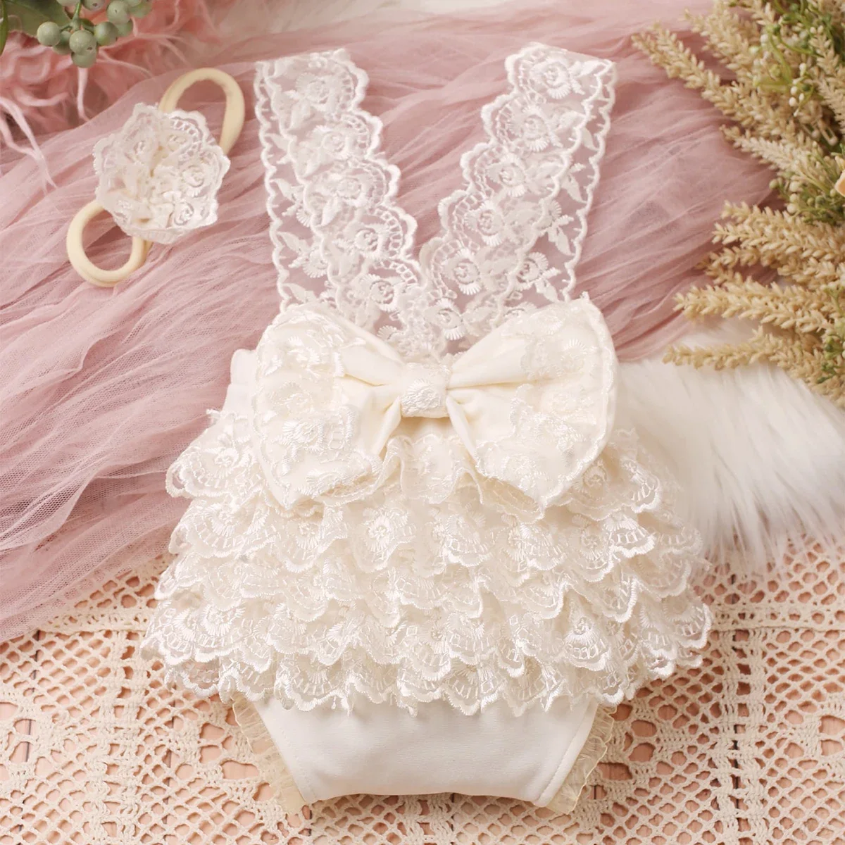 Alternative view of Ylsteed Newborn Photography Outfits Big Bowknot Baby Lace Romper with Hairband Blue Suspender Trousers Photo Shooting Overalls