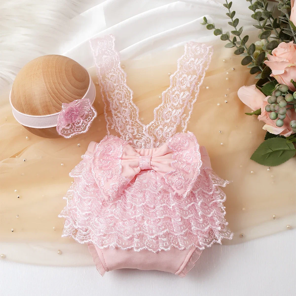 Ylsteed Newborn Photography Outfits Big Bowknot Baby Lace Romper with Hairband Blue Suspender Trousers Photo Shooting Overalls