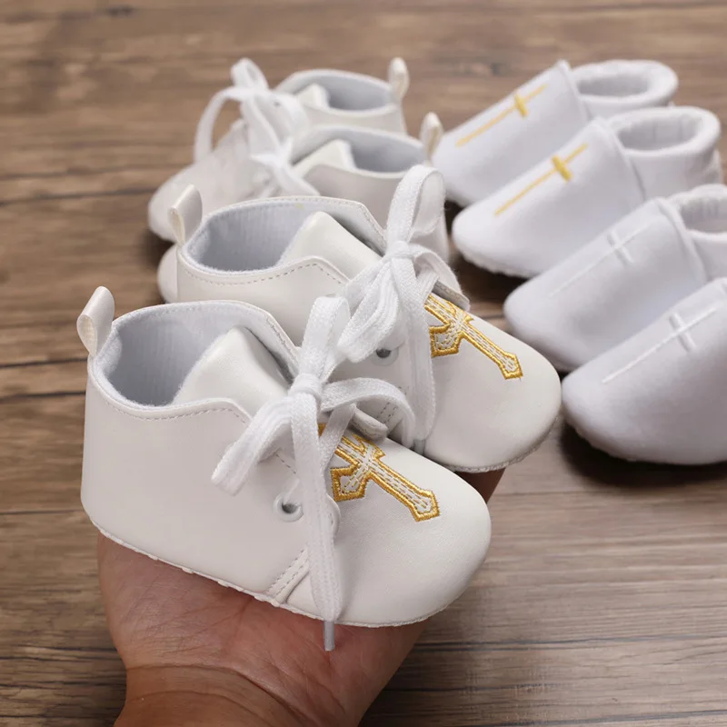Alternative view of Newborn Baby White Baptism Shoes Soft Anti-slip Toddler Boy Girl Christening Golden Church Cross Soled Infant First Walker Shoes