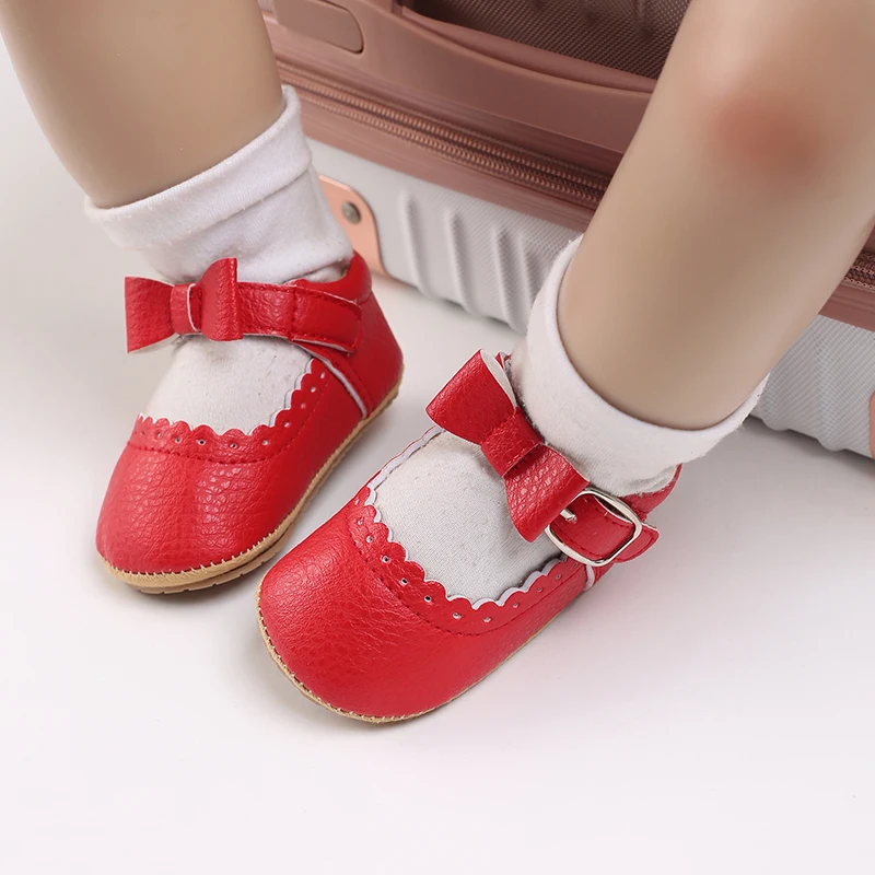Breathable Newborn Baby Shoes Baby Boy Girl Shoes Girl Classic Bowknot Rubber Sole Anti-slip PU  Toddler Shoes First Walker