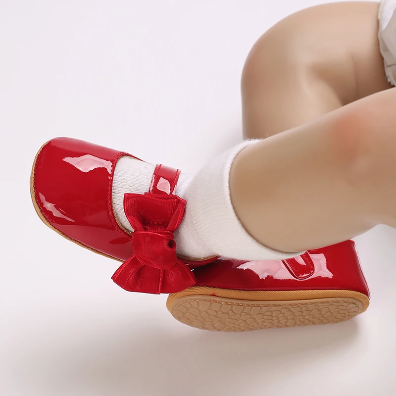 Breathable Newborn Baby Shoes Baby Boy Girl Shoes Girl Classic Bowknot Rubber Sole Anti-slip PU  Toddler Shoes First Walker