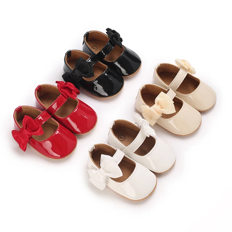 Breathable Newborn Baby Shoes Baby Boy Girl Shoes Girl Classic Bowknot Rubber Sole Anti-slip PU  Toddler Shoes First Walker