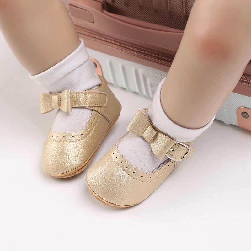 Breathable Newborn Baby Shoes Baby Boy Girl Shoes Girl Classic Bowknot Rubber Sole Anti-slip PU  Toddler Shoes First Walker