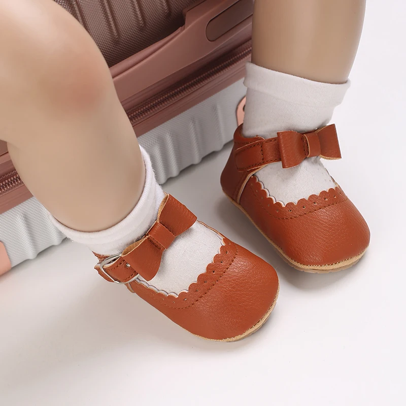 Breathable Newborn Baby Shoes Baby Boy Girl Shoes Girl Classic Bowknot Rubber Sole Anti-slip PU  Toddler Shoes First Walker