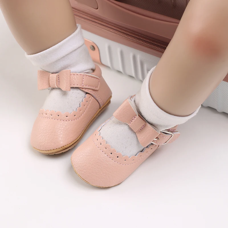 Breathable Newborn Baby Shoes Baby Boy Girl Shoes Girl Classic Bowknot Rubber Sole Anti-slip PU  Toddler Shoes First Walker