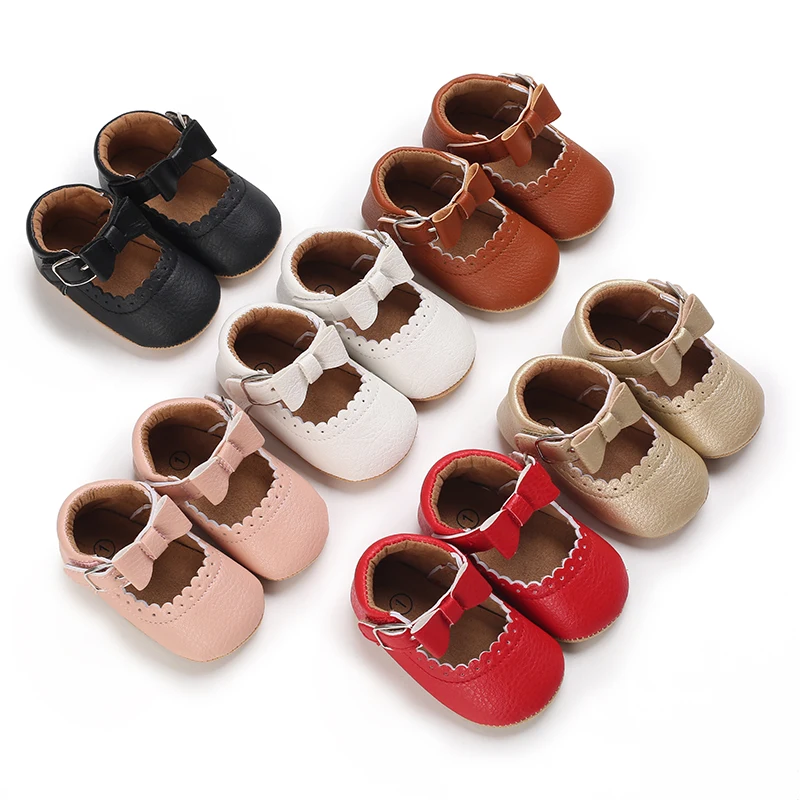Breathable Newborn Baby Shoes Baby Boy Girl Shoes Girl Classic Bowknot Rubber Sole Anti-slip PU  Toddler Shoes First Walker