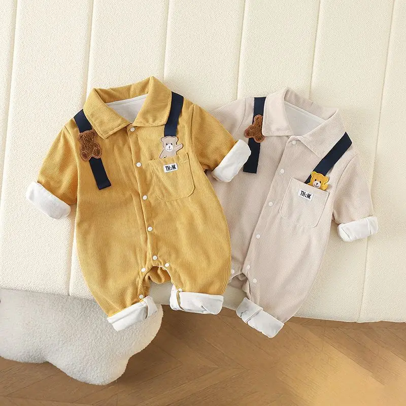 Baby Clothes Newborn Rompers 2024 Autumn Infant Boys Casual Double Layer Jumpsuit Toddler Girls Cartoon Bear Corduroy Romper
