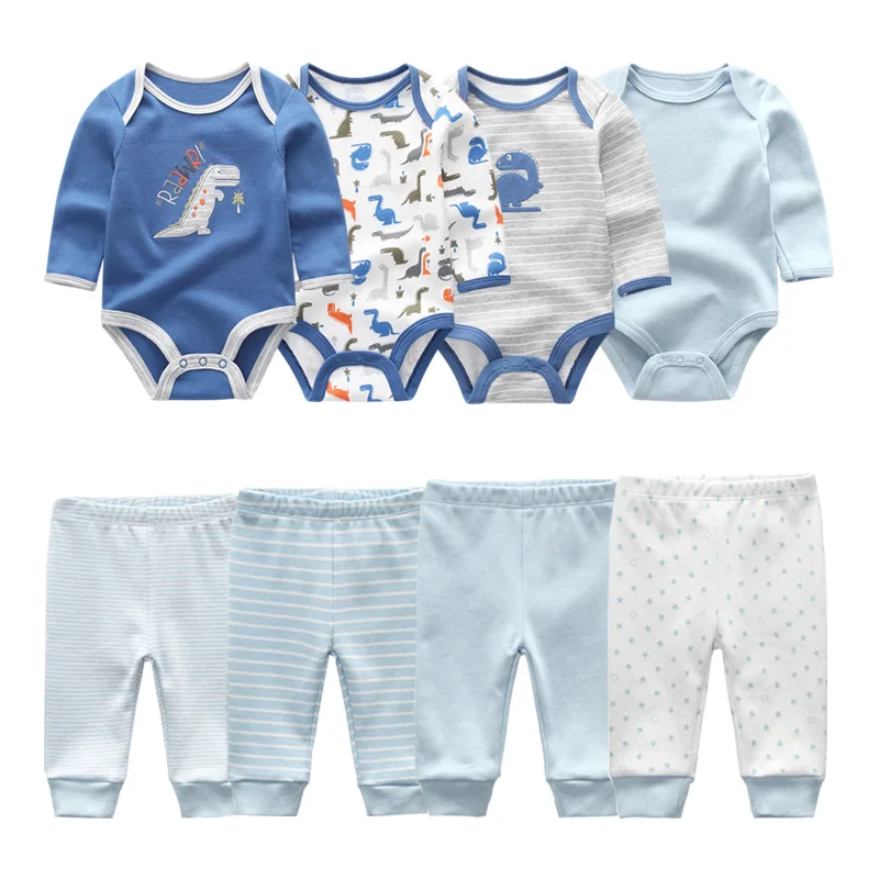2022 Cotton 6/8PCS Newborn Baby Boy Clothes 0-12M Autumn Bodysuits+Pants Boys Baby Clothing Sets Full Sleeve Baby Girl Clothes