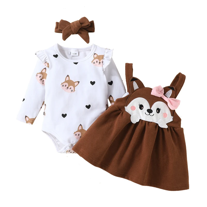 Newborn Baby Set Girl Clothing Printed Long Sleeve Bodysuit Tops Cartoon Fox Bow Dress 0-18 Months Autumn Winter Infant Outfits