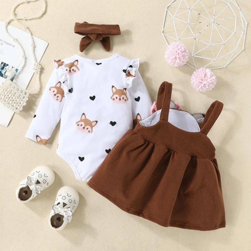 Alternative view of Newborn Baby Set Girl Clothing Printed Long Sleeve Bodysuit Tops Cartoon Fox Bow Dress 0-18 Months Autumn Winter Infant Outfits