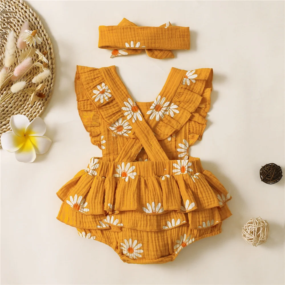 Infant Baby Girl Romper Clothes Ruffle Sleeveless Newborn Bodysuit with Headband Summer Jumpsuit Fashion Toddler Outfit Suit