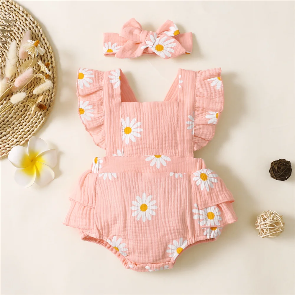 Alternative view of Infant Baby Girl Romper Clothes Ruffle Sleeveless Newborn Bodysuit with Headband Summer Jumpsuit Fashion Toddler Outfit Suit