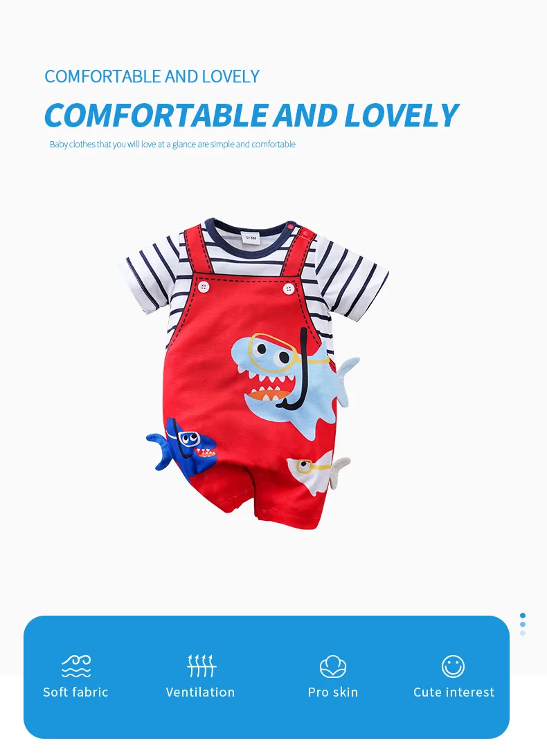 Newborn Clothes Cute Cartoon 3d Shark Print Strap Fake Two Comfortable Summer Boys And Girls 0-18 Short Sleeved Baby Jumpsuit Newborn Clothes Cute Cartoon 3d Shark Print Strap Fake Two Comfortable Summer Boys And Girls 0-18 Short Sleeved Baby Jumpsuit