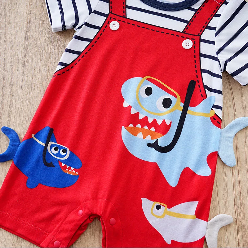 Newborn Clothes Cute Cartoon 3d Shark Print Strap Fake Two Comfortable Summer Boys And Girls 0-18 Short Sleeved Baby Jumpsuit - Image 4
