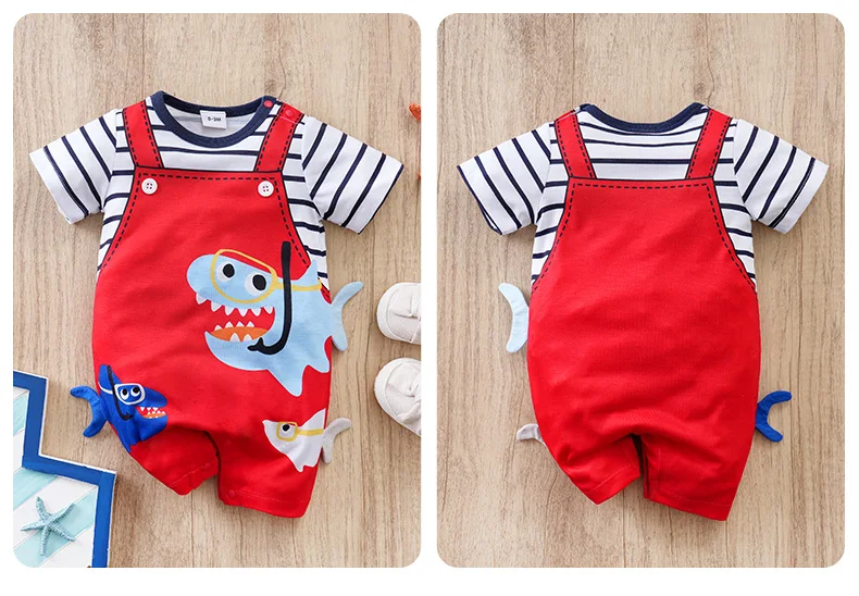 Newborn Clothes Cute Cartoon 3d Shark Print Strap Fake Two Comfortable Summer Boys And Girls 0-18 Short Sleeved Baby Jumpsuit Newborn Clothes Cute Cartoon 3d Shark Print Strap Fake Two Comfortable Summer Boys And Girls 0-18 Short Sleeved Baby Jumpsuit