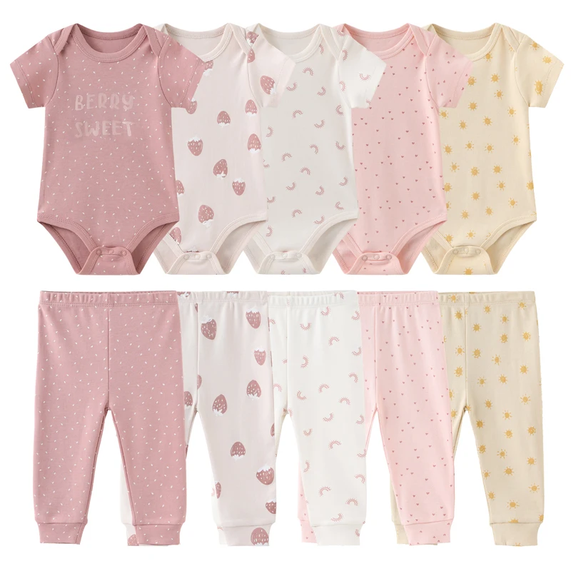Alternative view of Unisex 6/9/10Pieces Cotton Bodysuits+Pants Newborn Baby Girl Clothes Print Baby Boy Clothes Sets Short Sleeve Bebes