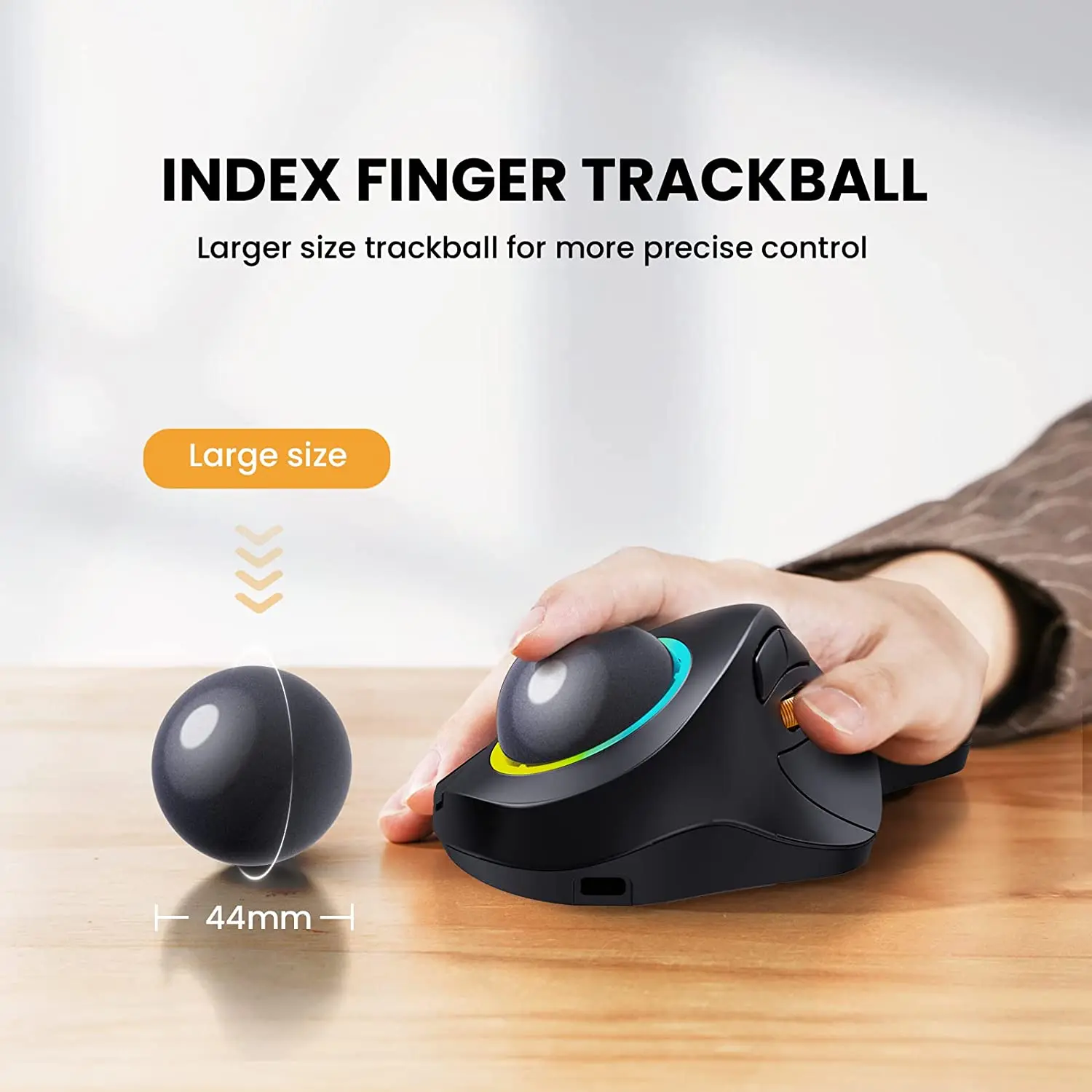 Alternative view of ProtoArc Wireless Index Finger Trackball Mouse Rechargeable RGB Rollerball BT 2.4g Mice for Computer Laptop 3 Device Connection