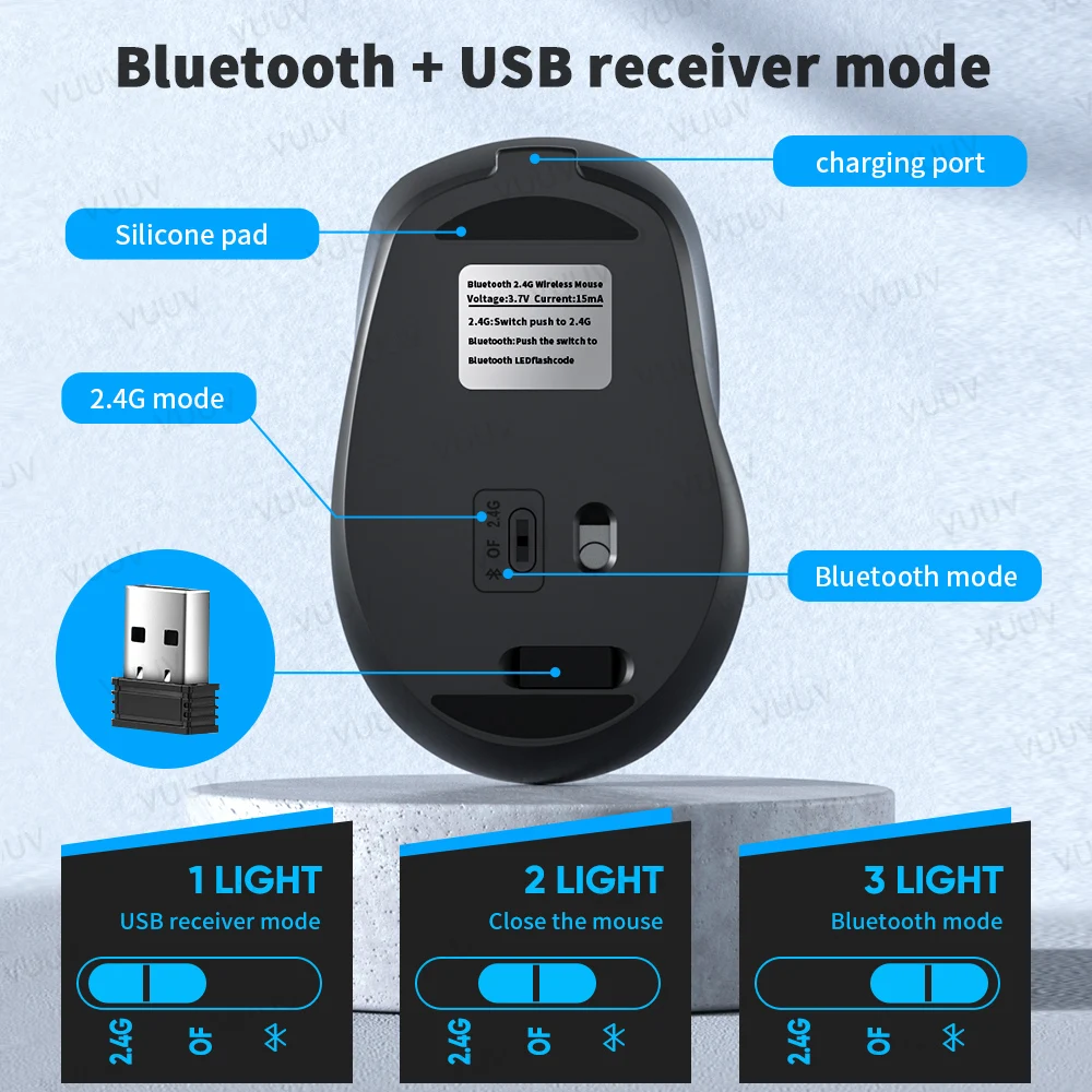 Alternative view of Ergonomic Wireless Bluetooth Mouse 1600DPI Rechargeable Mouse for MacBook Tablet Computer Laptop 2.4GHz USB PC Setup Accessories