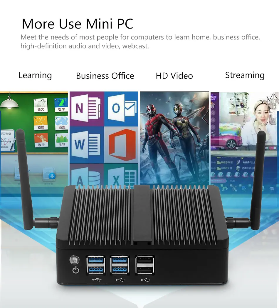 Alternative view of Tolibek HTPC Fanless Mini PC Windows 10 Intel Core i3 5005U i5 4200U Celeron 2955U DDR3L WiFi HDMI 8*USB Office Mini Computer