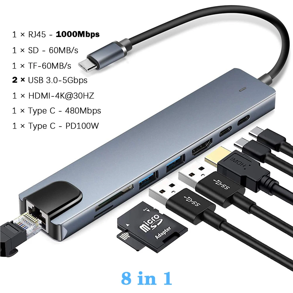 Alternative view of USB 3.0 Type C HUB USB C Docking Station to HDMI 4K 30HZ Type C to RJ45 1000Mbps Ethernet Adapter VGA Extender Headphone PD 100W