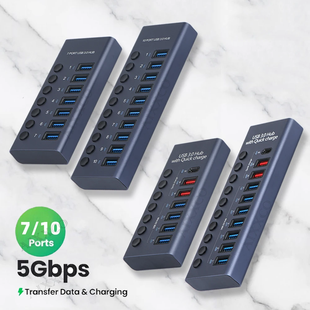 7/10 Ports USB 3.0 Hub Multi USB Splitter with Switch Power Adapter Multiple Expander for Laptop Accessories MacBook Splitter