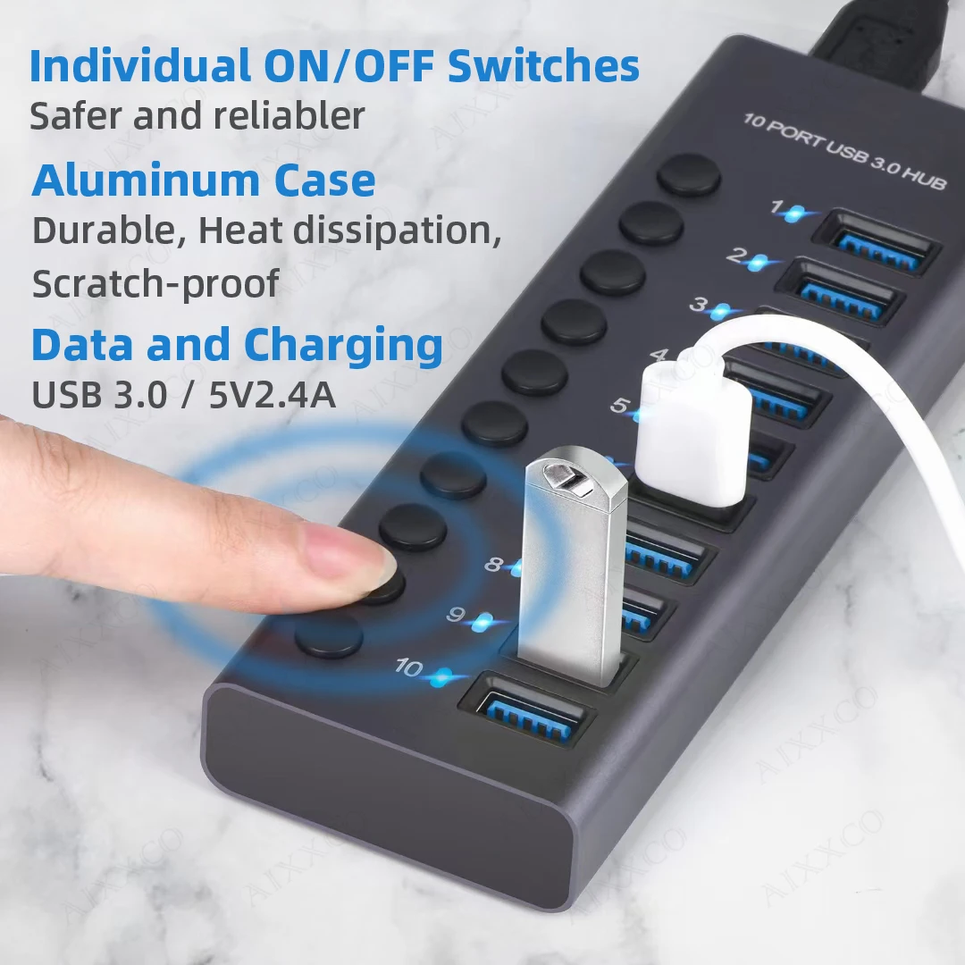 Alternative view of 7/10 Ports USB 3.0 Hub Multi USB Splitter with Switch Power Adapter Multiple Expander for Laptop Accessories MacBook Splitter
