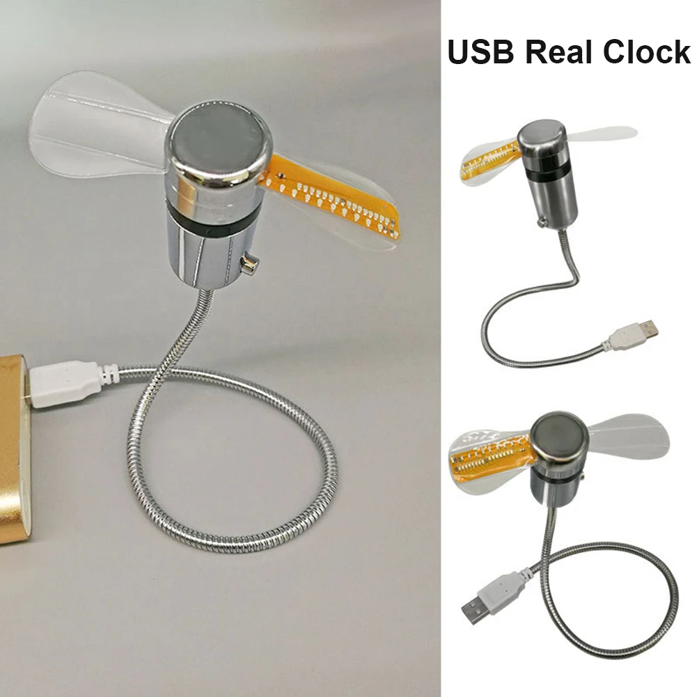 Alternative view of Portable Clock Fan RGB LED Night light 5V USB Hand Fan Real Time Temperature Display Metal Mini Fan for PC Laptop Desktop Cooler