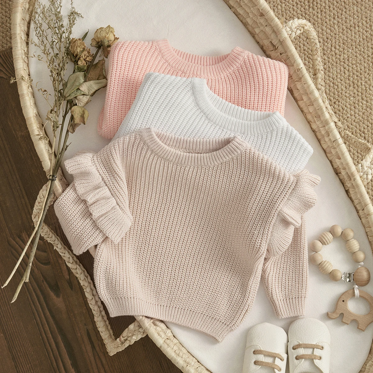 Alternative view of ma&baby 0-3Y Toddler Infant Newborn Baby Girl Sweaters Cute Ruffle Long Sleeve Solid Color Knit Pullover Fall Winter Loose Tops
