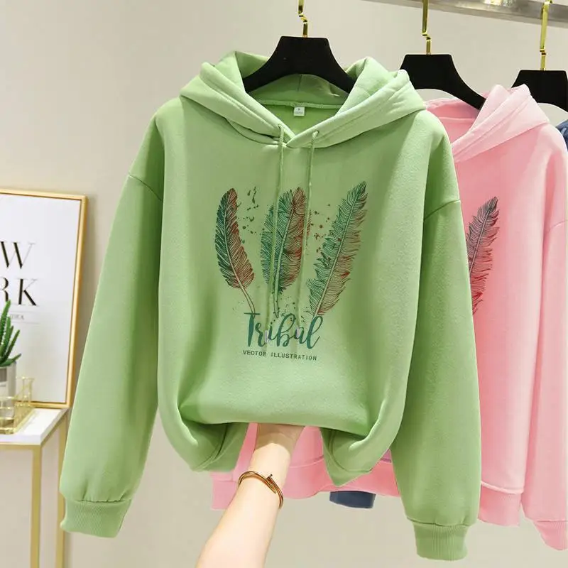 Alternative view of Women Fashion Feather Printed Hoodies Autumn Winter Plus Velvet Casual Loose Sweatshirt