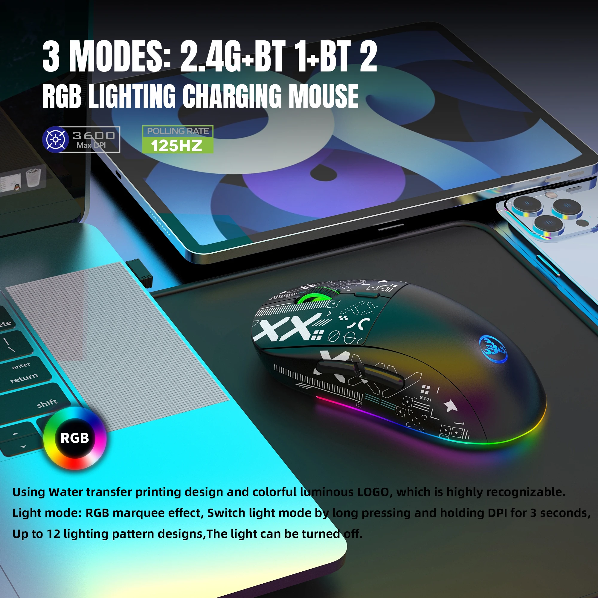 Alternative view of 3 Modes Bluetooth Gaming Mouse Rechargeable 2.4G USB Wireless RGB Backlight Mouse for iPad Tablet Laptop Computer