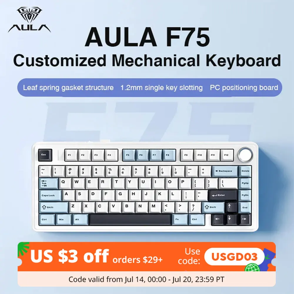 AULA F75 2.4G Wireless/Bluetooth/Wired Gaming Mechanical Keyboard RGB Customized 75% Layout OEM Profile Gasket Structure