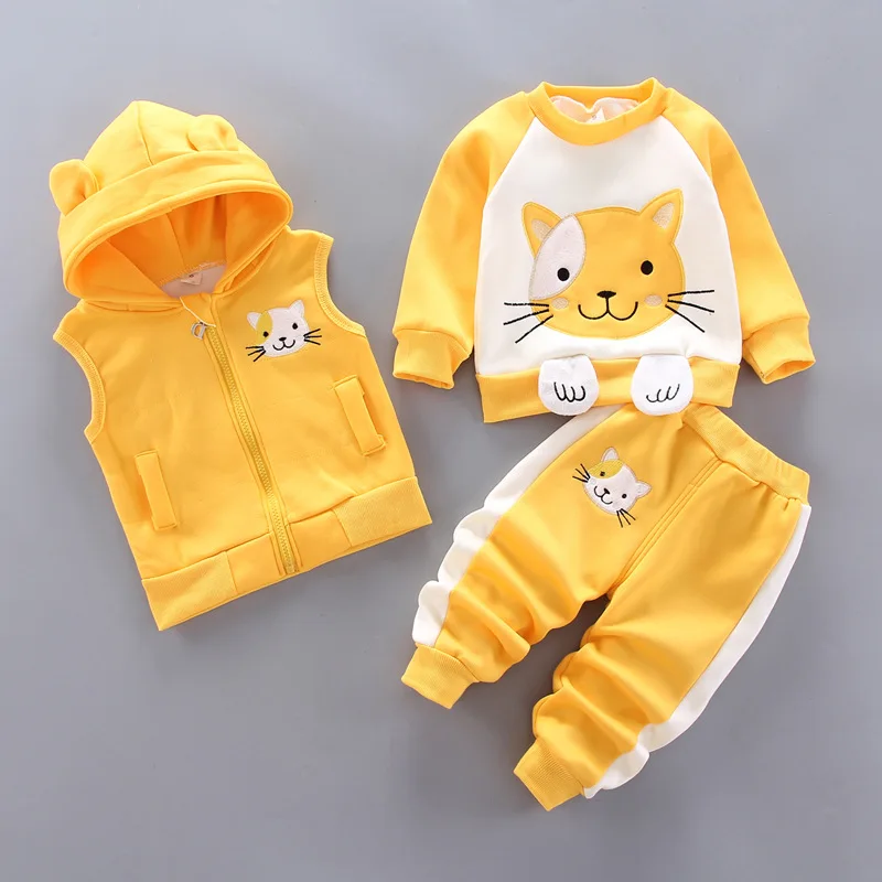 Winter Baby Fleece Clothing Sets Autumn Boys Girls Cotton Thicken Hooded Sweater Cartoon Bear Pants 3Pcs Kids Warm Outfits
