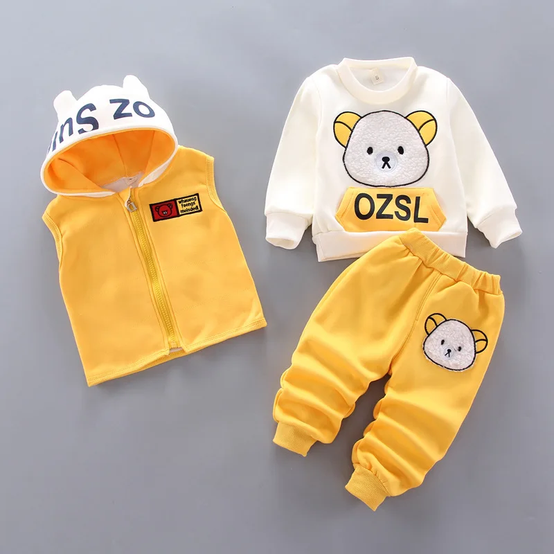 Winter Baby Fleece Clothing Sets Autumn Boys Girls Cotton Thicken Hooded Sweater Cartoon Bear Pants 3Pcs Kids Warm Outfits