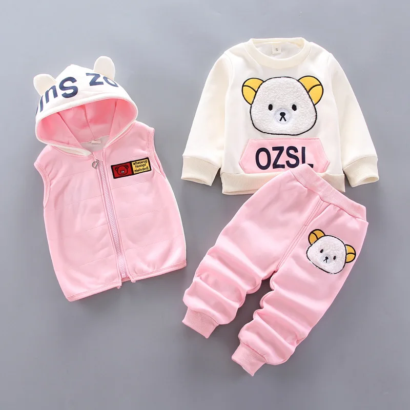 Winter Baby Fleece Clothing Sets Autumn Boys Girls Cotton Thicken Hooded Sweater Cartoon Bear Pants 3Pcs Kids Warm Outfits