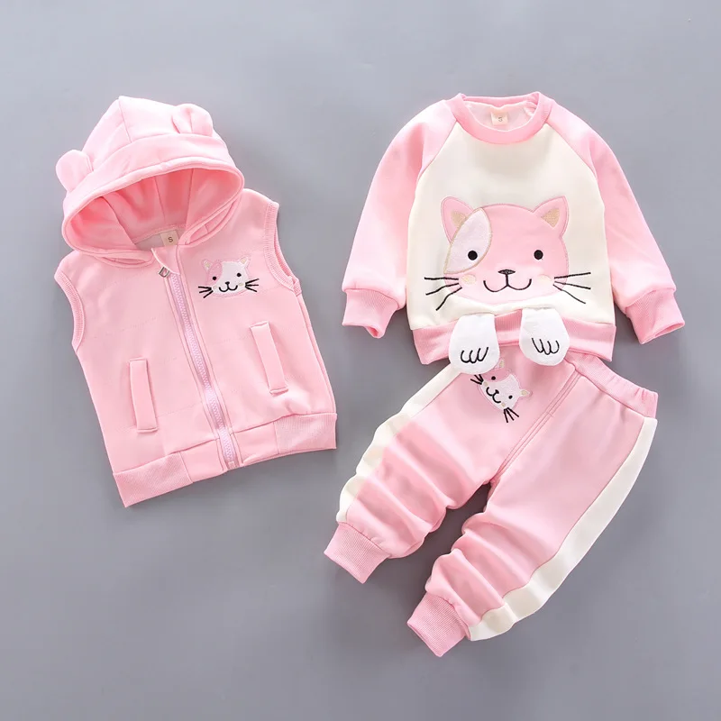Winter Baby Fleece Clothing Sets Autumn Boys Girls Cotton Thicken Hooded Sweater Cartoon Bear Pants 3Pcs Kids Warm Outfits