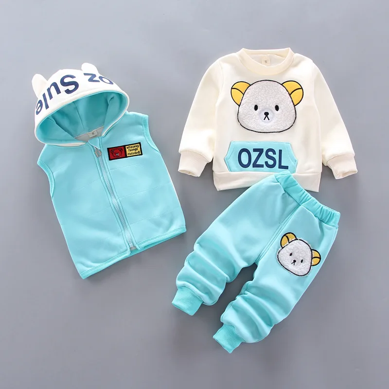 Winter Baby Fleece Clothing Sets Autumn Boys Girls Cotton Thicken Hooded Sweater Cartoon Bear Pants 3Pcs Kids Warm Outfits