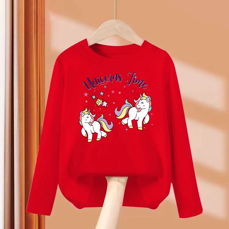 Aimi Lakana Baby Pony Cartoon Clothing Children Spring Fall T-Shirt Kids Long Sleeved O-Neck Tops Girl Unicorn Tees 3-14T