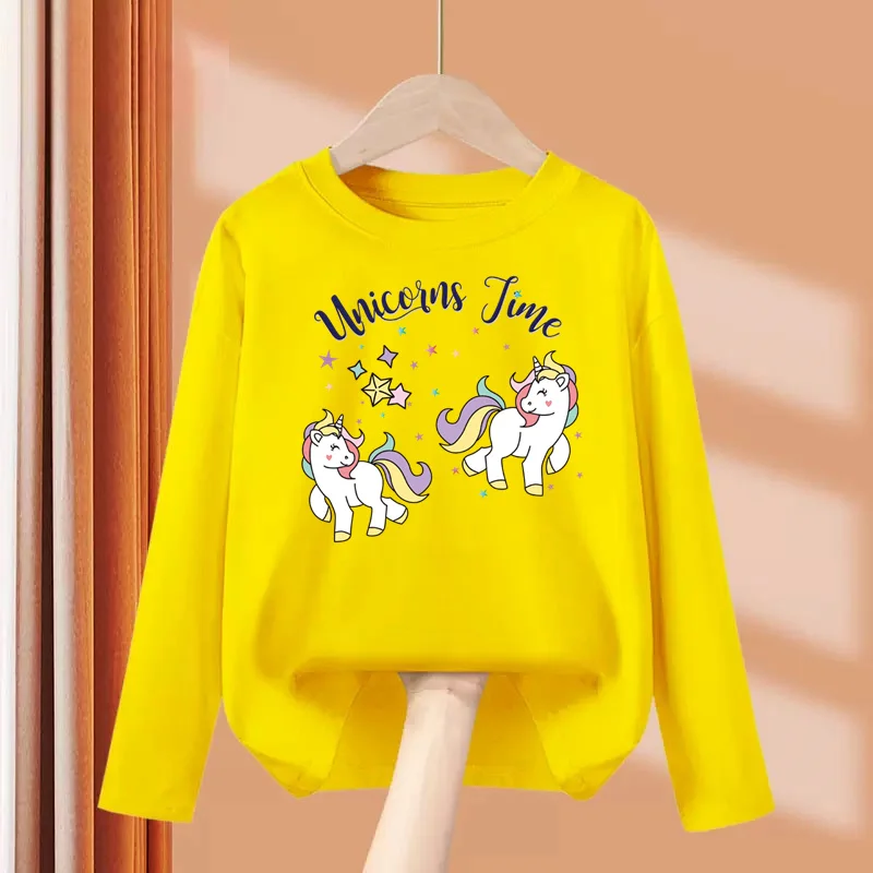 Aimi Lakana Baby Pony Cartoon Clothing Children Spring Fall T-Shirt Kids Long Sleeved O-Neck Tops Girl Unicorn Tees 3-14T