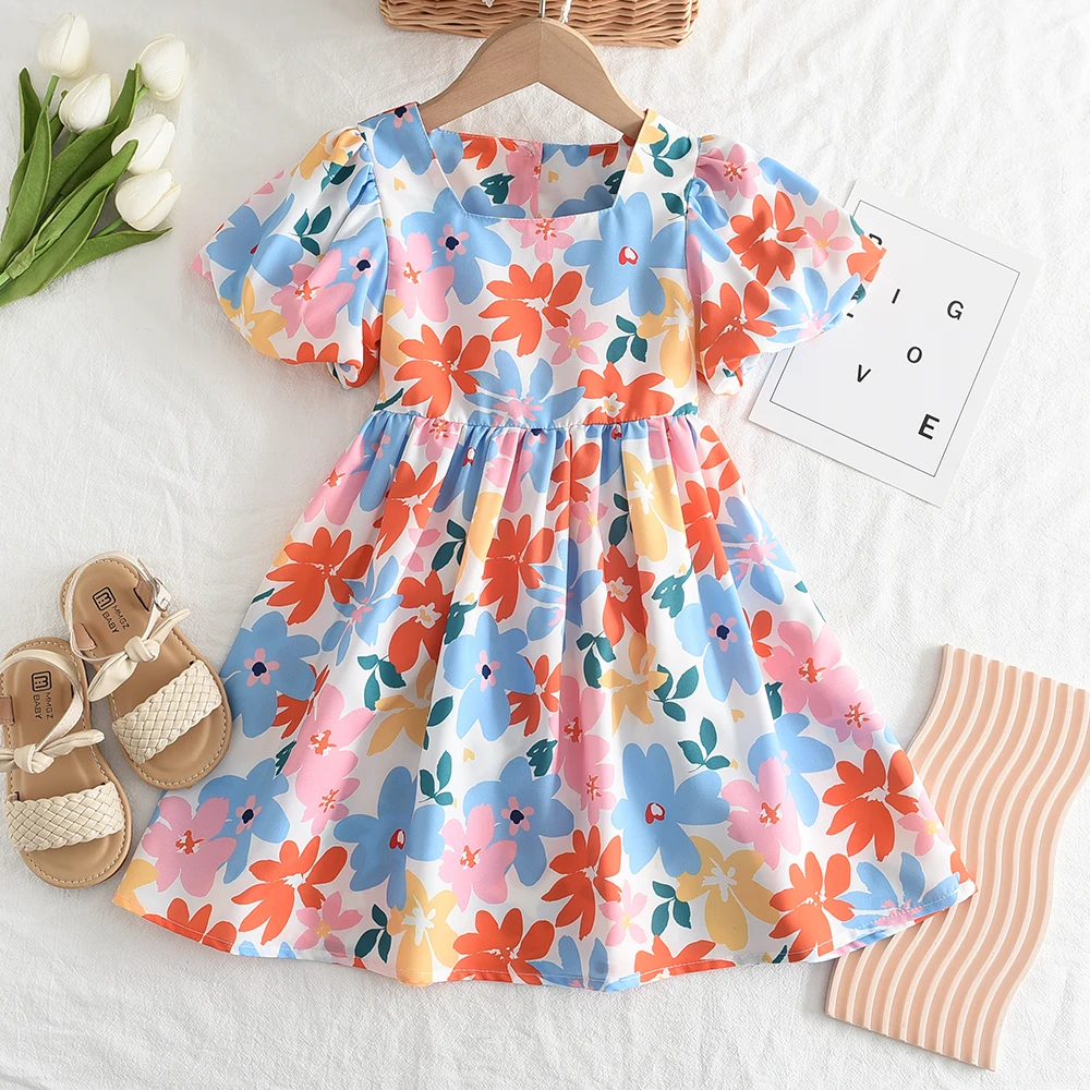 Alternative view of Girls Dresses 2023 Summer New Baby Girls Colourful Floral Short-sleeved Dresses 3-7 Years Old Girls Clothing