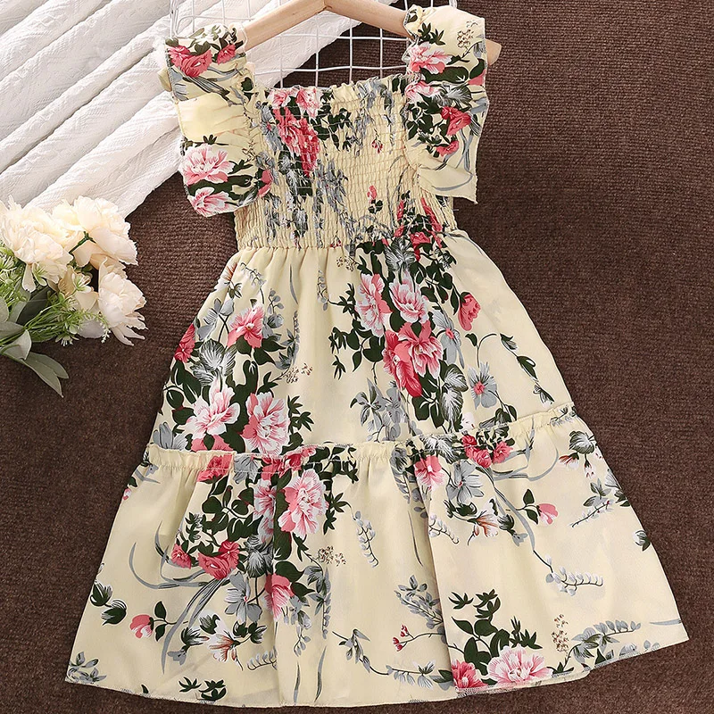 Alternative view of Summer Girl's Long Skirt Polyester Square Collar Suspender Sleeveless Lace Play Smocking A-line Print Dress Pleated Comfortable