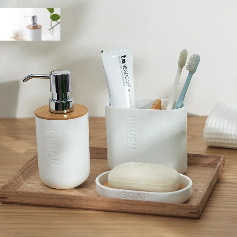 Alternative view of Bathroom Accessories Set Designer Soap Lotion Dispenser Toothbrush Holder Soap Dish Tumbler or wood Bottle Cup Black/White/gray