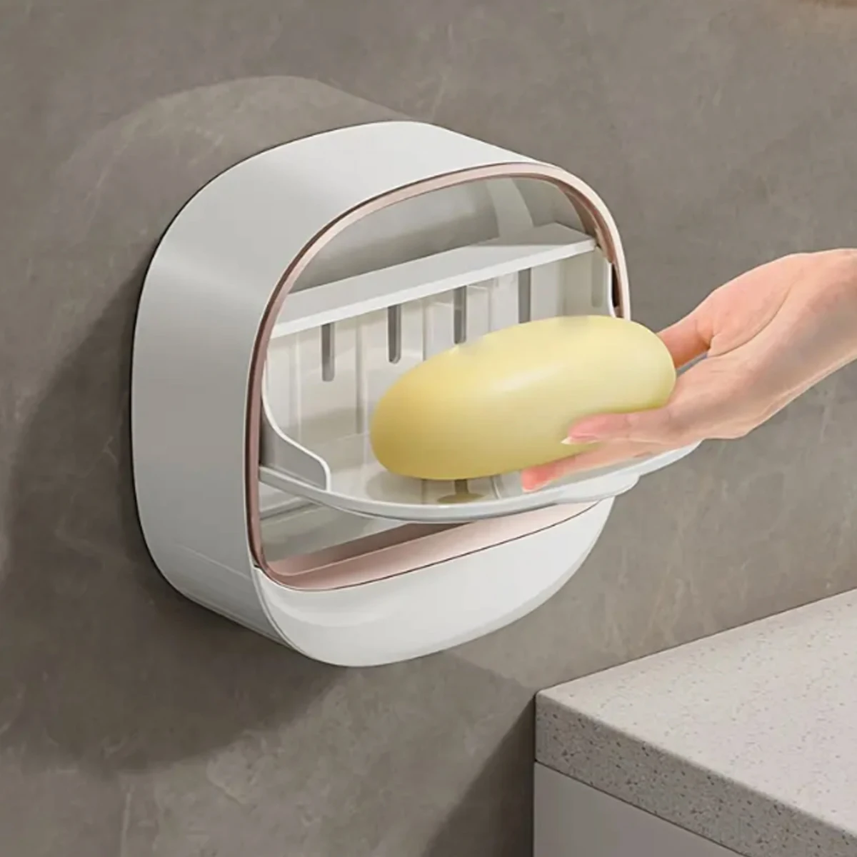 Alternative view of 1pc Wall Mounted Soap Rack Soap Holder With Lid No Drilling Drain Soap Dish Storage Rack For Home Bathroom Bathroom Accessories