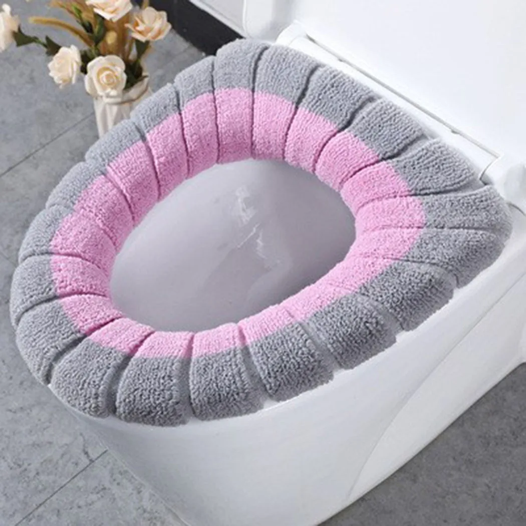 1Pcs Bathroom Toilet Seat Cover Mat Washable  Warmer Bathroom Toilet Cushion With Handle Thicker Soft Knitting Closestool Pad