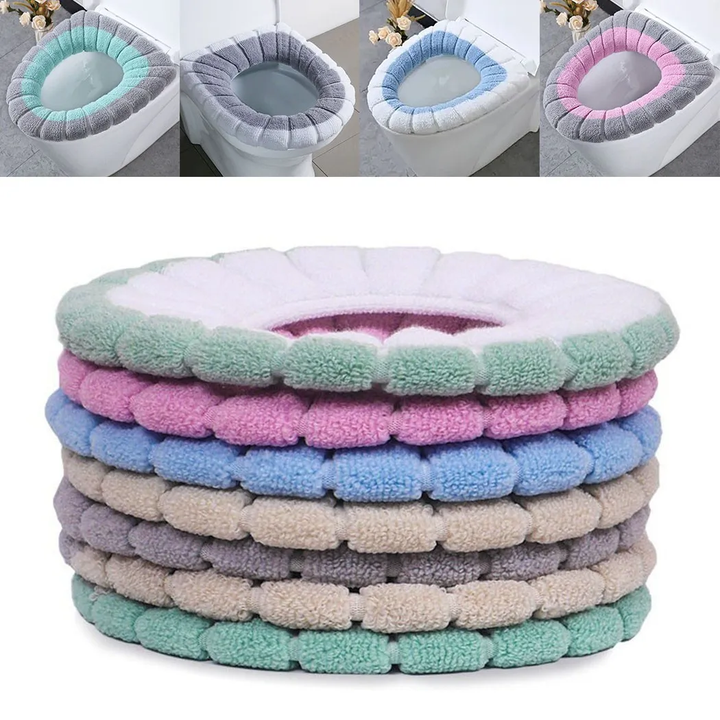 1Pcs Bathroom Toilet Seat Cover Mat Washable  Warmer Bathroom Toilet Cushion With Handle Thicker Soft Knitting Closestool Pad