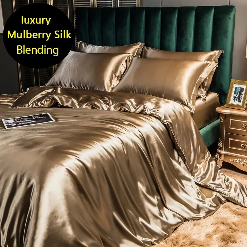 Alternative view of High-end Blending Natural Mulberry Silk Bedding Set Luxury Satin Silky Queen Size Duvet Cover Set with Sheets King Size Bed Set