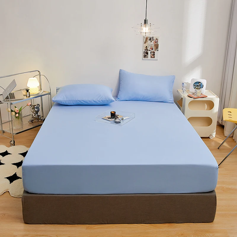 Kuup-Polyester 3pcs Solid Color Bedding Fitted Sheet And Pillowcases Elastic Band Around Mattress Cover Queen Size Bed Cover ๏ปฟ
