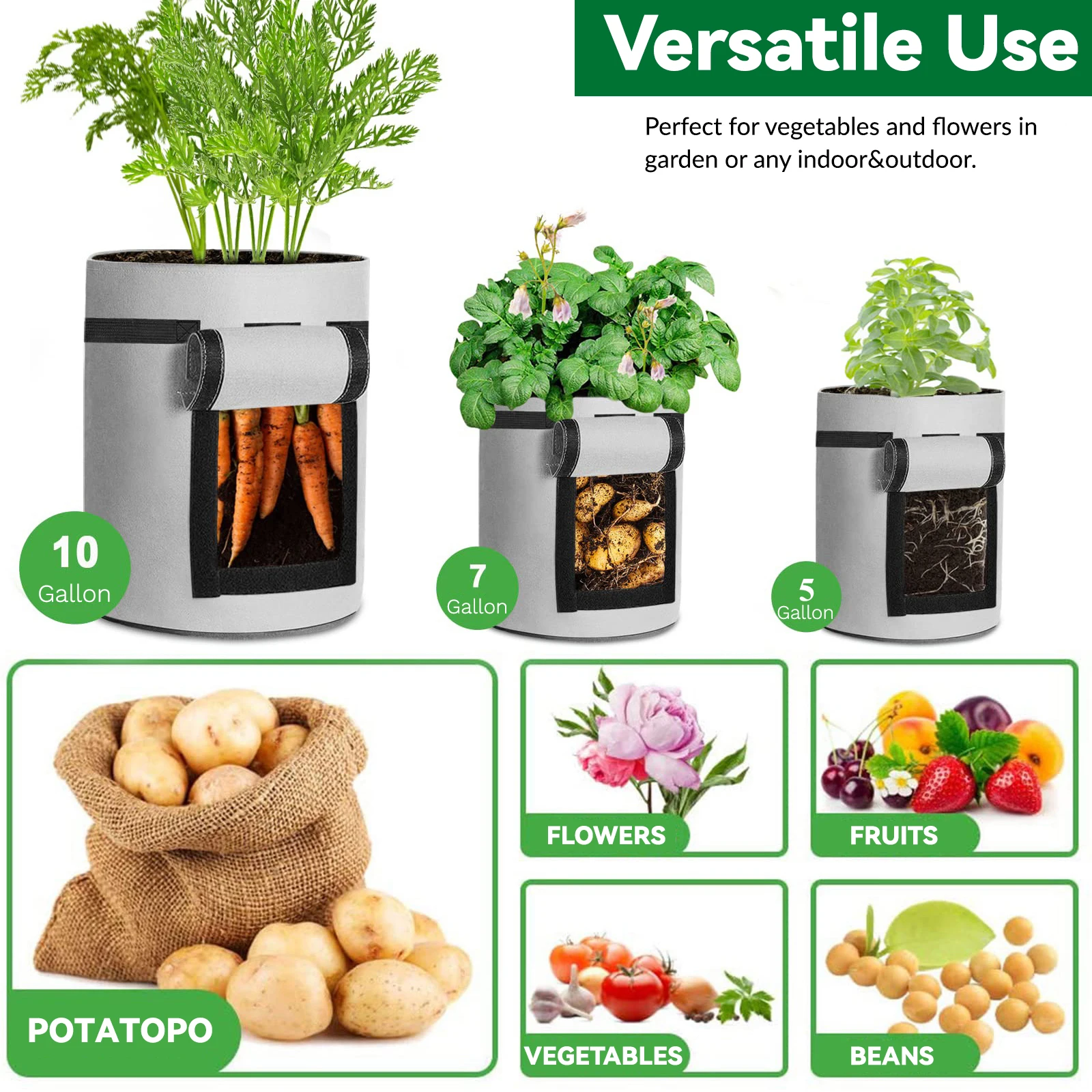 Alternative view of 5/7/10 Gallon Fabric Plant Pots Growing Bags Thickened Non-Woven Garden Vegetable Tomato potato Grow Planter Tool with Handle