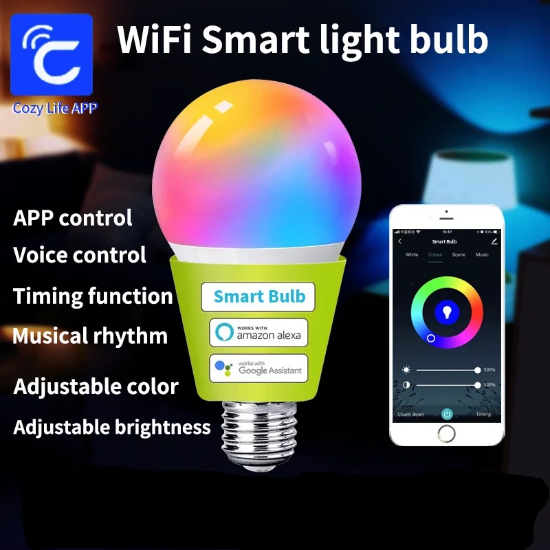Alternative view of SIXWGH E27 Bulb WiFi 9W Smart RGB Lamp Home Dimmable Timer Function Cozylife App Cotrol Supports Google Home Alexa